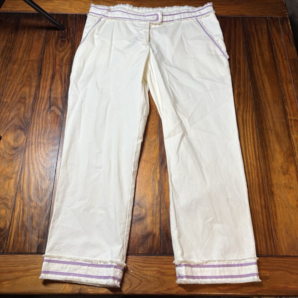 Moschino Cheap & Chic Off White Purple Frayed Capri Petal Pushers Sz 10 Vtg Y2k